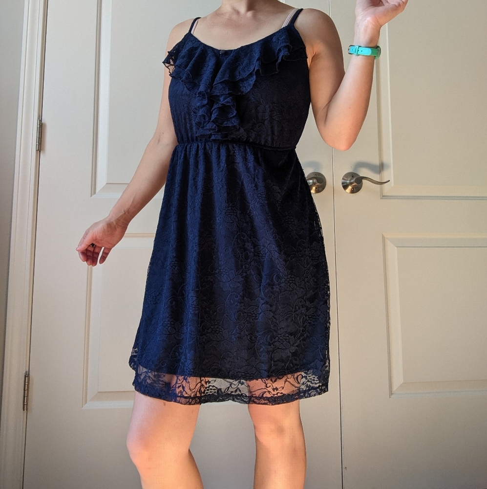 My Michelle Blue Floral Lace Short Sleeveless Dress Small